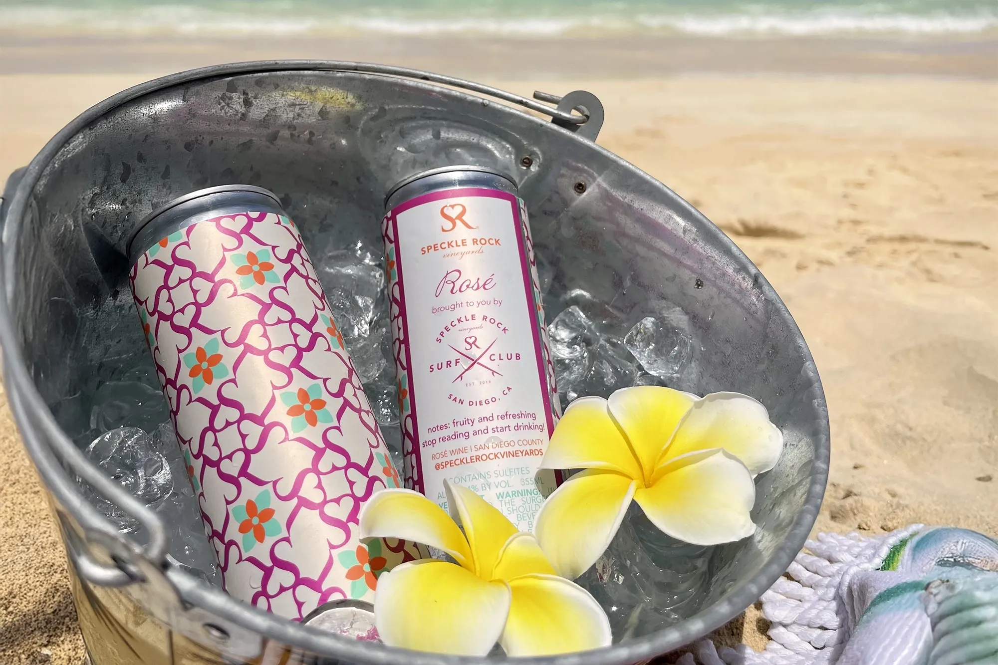 Speckle Rock Wine Cans in a bucket